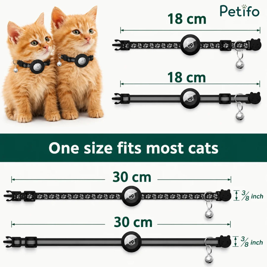 Infografika z tabelą rozmiarów przedstawiająca regulację wymiarów od 18 cm do 30 cm, wskazująca, że jeden rozmiar pasuje do większości kotów.