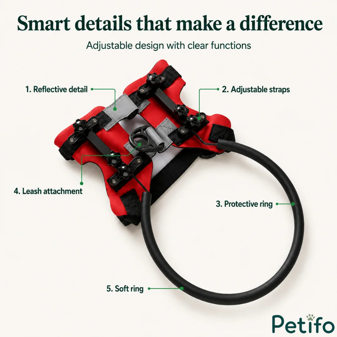 Labeled product breakdown of the blind dog harness highlighting reflective details, adjustable straps, and the soft protective halo ring.