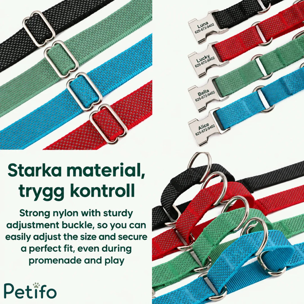 Close-up details of strong nylon material, adjustment buckles, and engraved nameplates for dog collars.