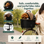 Lifestyle feature graphic showing a woman riding a bicycle with an adorable poodle enjoying a secure ride in the rear pet basket.