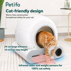 A cat-friendly smart litter box with a 24 cm entrance, low 15 cm step height, and advanced infrared radar and weight sensors for maximum safety.