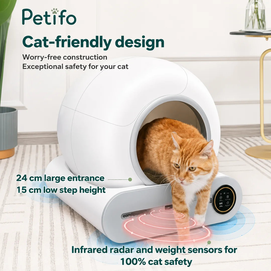 A cat-friendly smart litter box with a 24 cm entrance, low 15 cm step height, and advanced infrared radar and weight sensors for maximum safety.