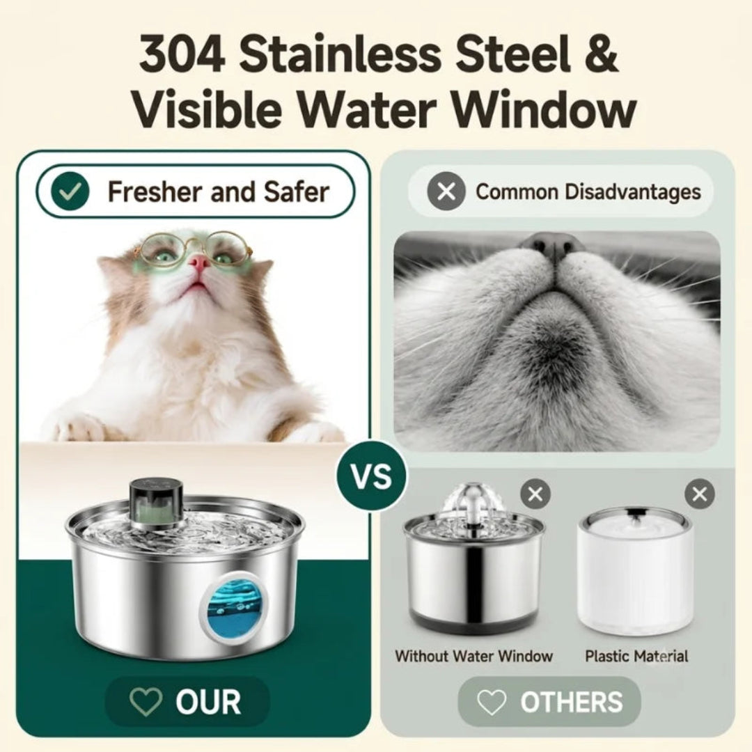 A comparison infographic highlighting the advantages of a 304 stainless steel fountain with a visible water window over traditional plastic models without windows.