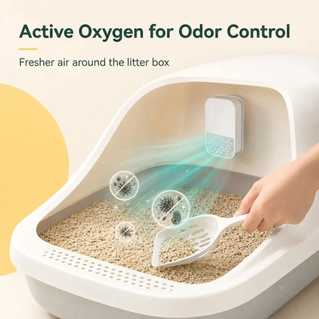 Illustration demonstrating how the purifier uses active oxygen for odor control in litter boxes.