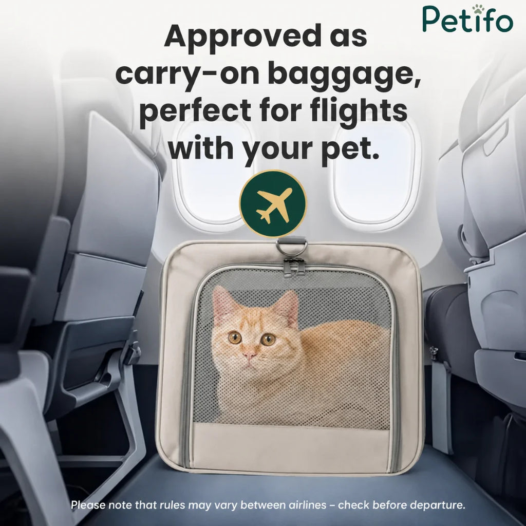 An airline-approved beige pet carrier designed for convenient and comfortable carry-on flight travel.