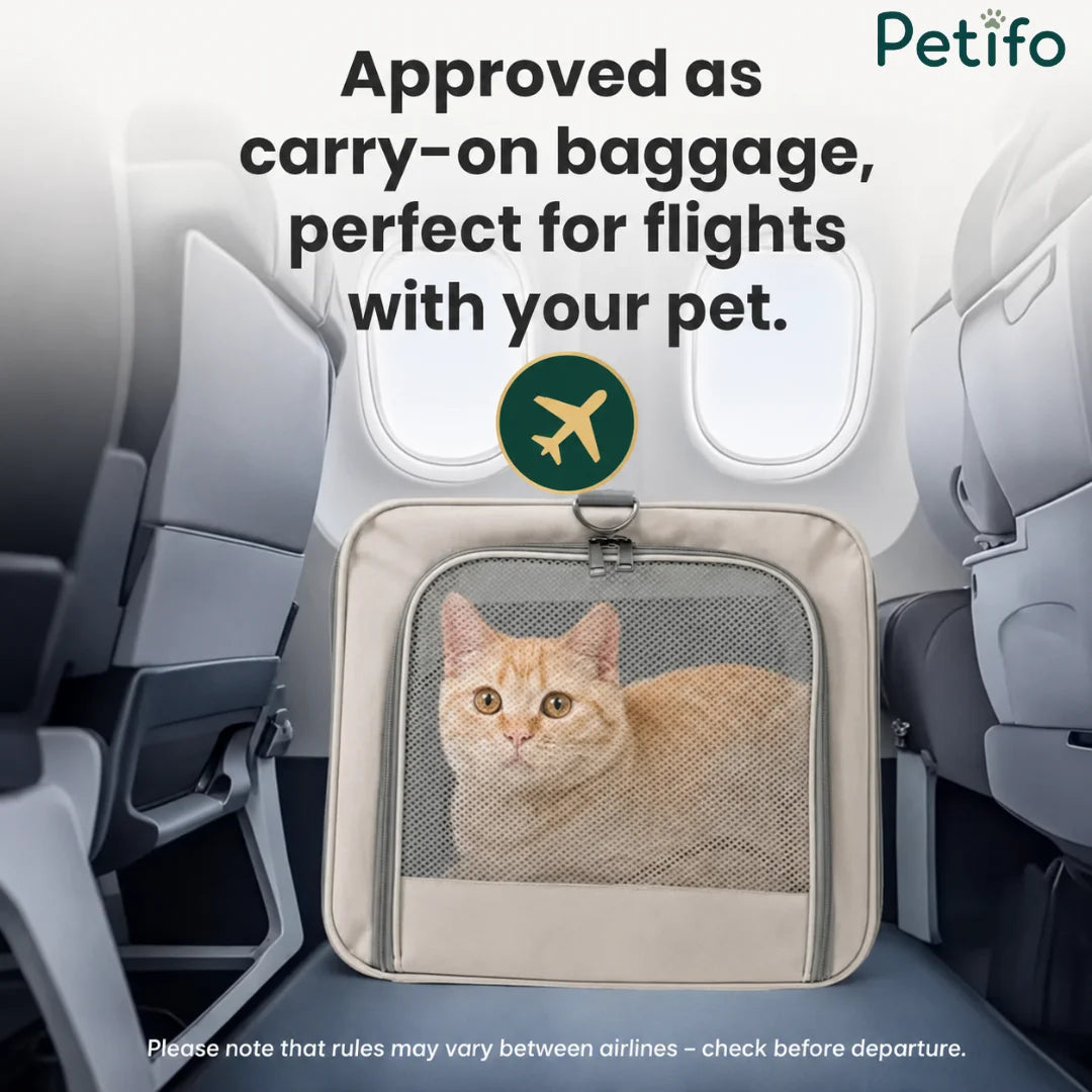 An airline-approved beige pet carrier designed for convenient and comfortable carry-on flight travel.