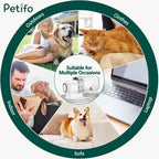 Petifo all-in-one pet grooming vacuum cleaner shown in various use cases including outdoor, indoor, on clothes, on laptops, and on sofas.