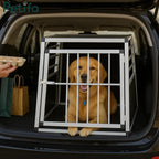 Petifo aluminum car dog crate with a Golden Retriever sitting inside a car trunk.
