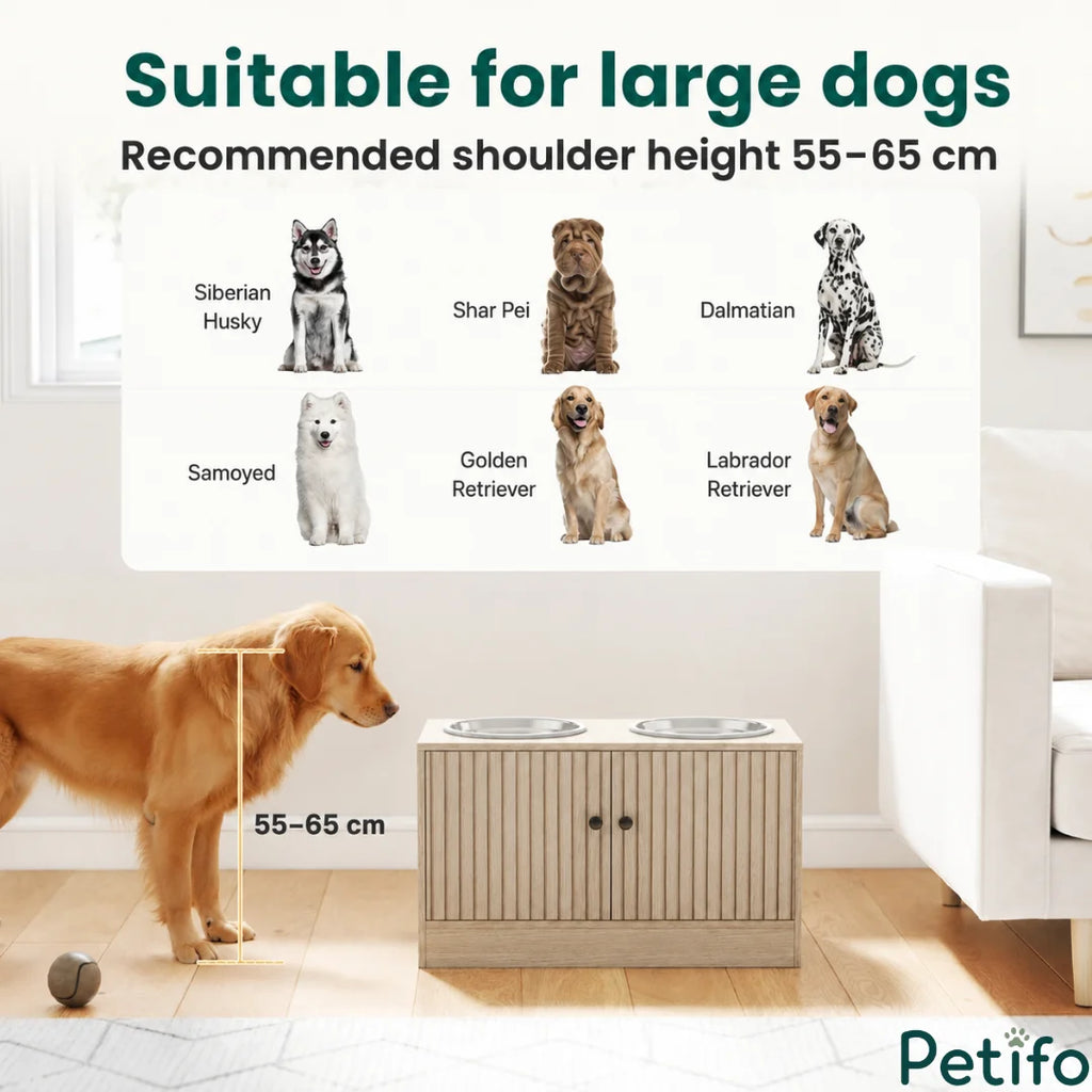 An elevated wooden feeding station for large dogs with a height of 55-65 cm, suitable for breeds like Golden Retrievers and Labradors.