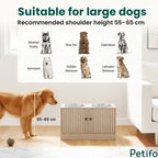 An elevated wooden feeding station for large dogs with a height of 55-65 cm, suitable for breeds like Golden Retrievers and Labradors.