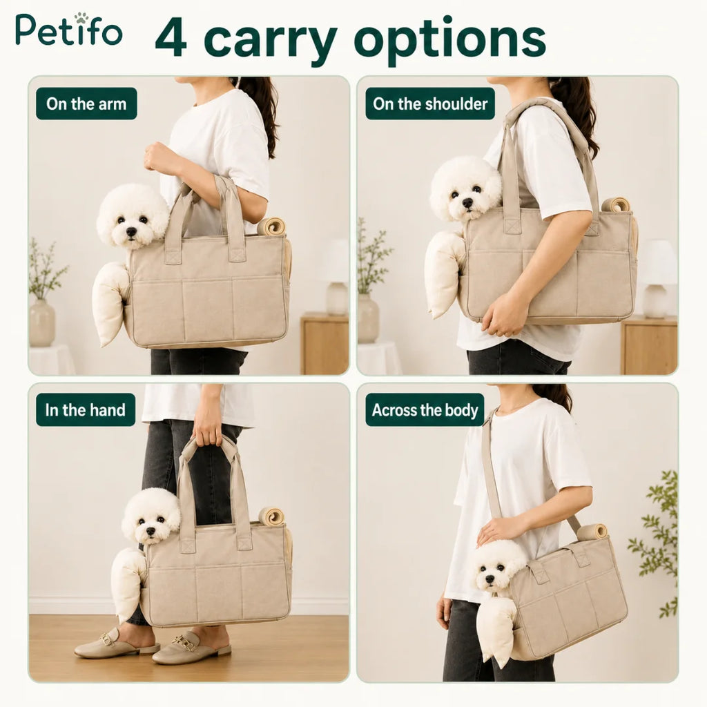 An instructional graphic showing the four ways to carry the Petifo pet carrier: on the arm, on the shoulder, in the hand, and across the body.
