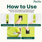 An instructional guide for a Petifo automatic dog ball launcher covering charging, power controls, and how to operate the launch distance settings.