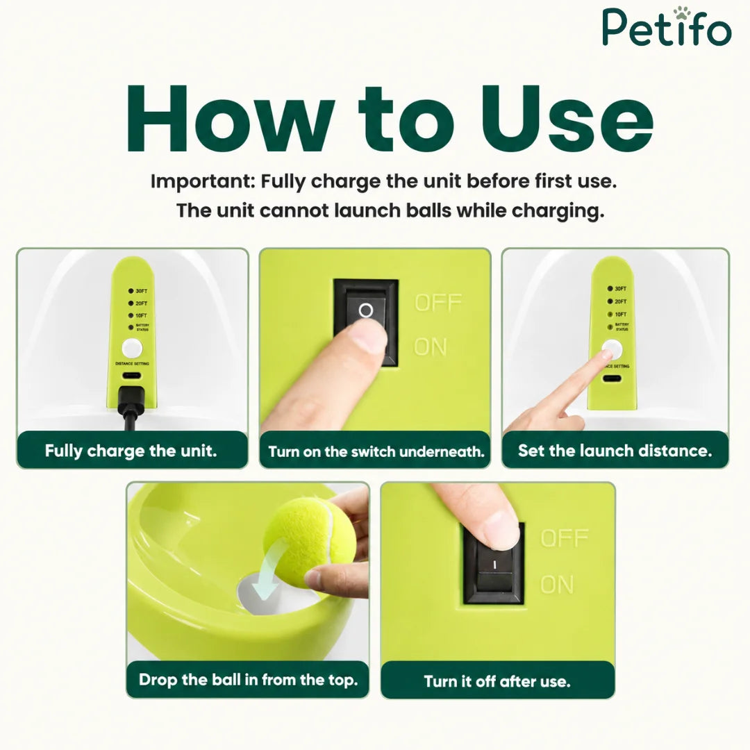 An instructional guide for a Petifo automatic dog ball launcher covering charging, power controls, and how to operate the launch distance settings.