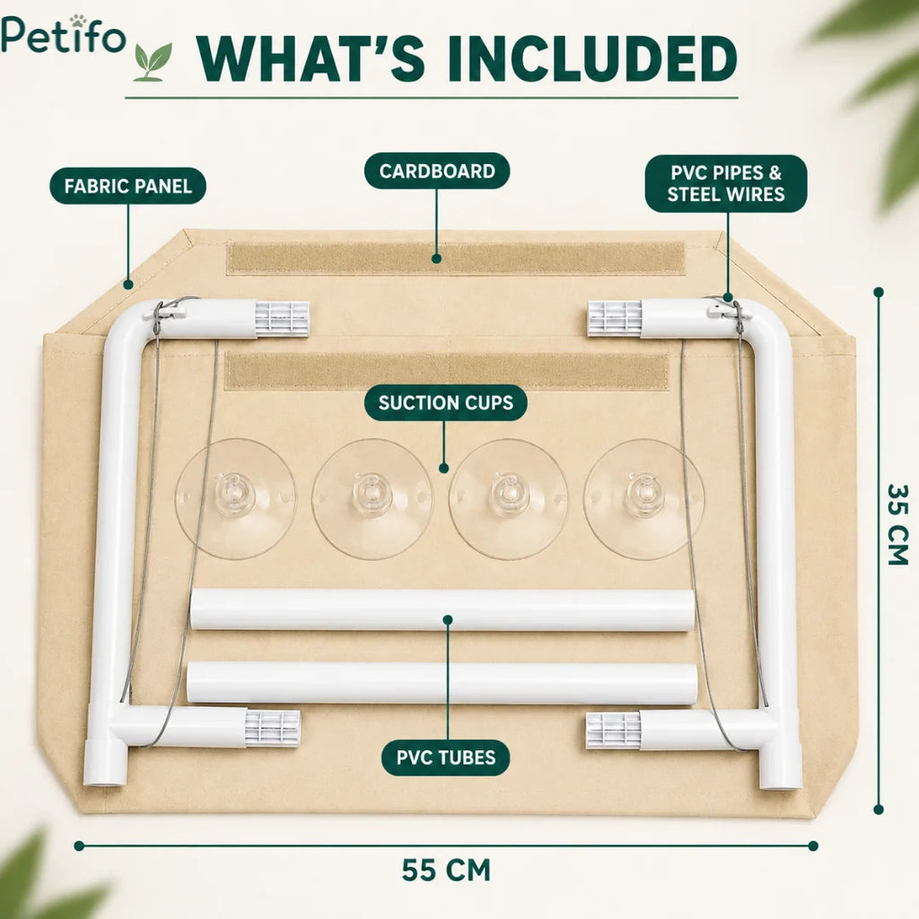 An overhead layout showing all included components: a fabric panel, cardboard, PVC pipes, steel wires, and four suction cups, with dimensions of 55 cm by 35 cm.