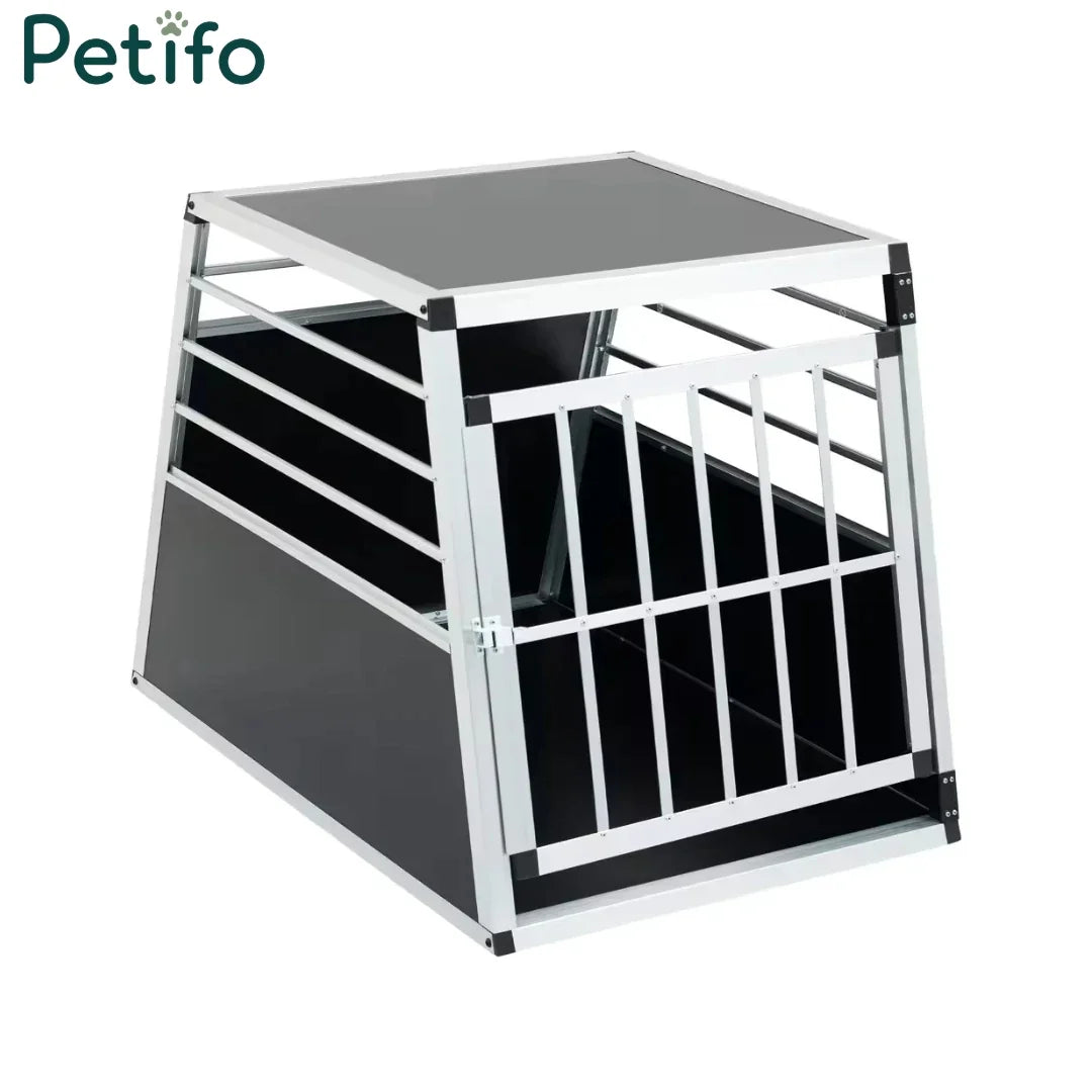Angled front view of an empty Petifo single aluminum car dog crate.
