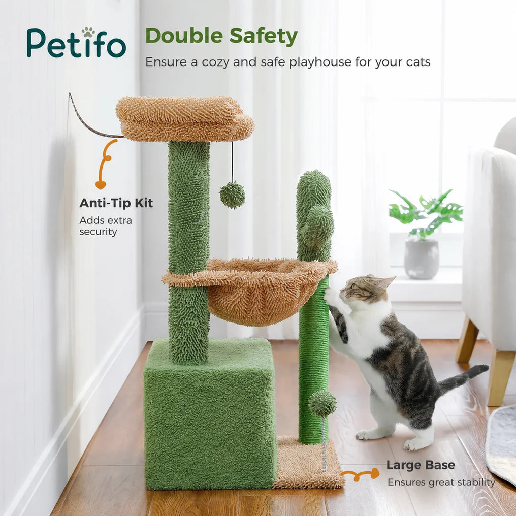 A cat playing on a Petifo cactus-themed cat tree, highlighted with an anti-tip kit and a stable, large base for safety.