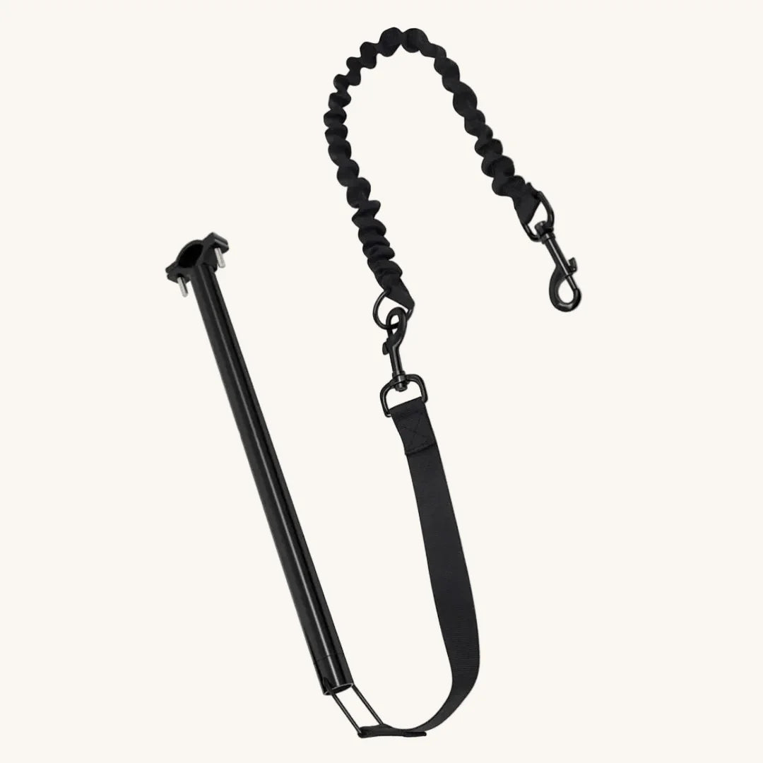 Assembled Petifo bicycle dog leash showing the mounting bar and flexible bungee extension.