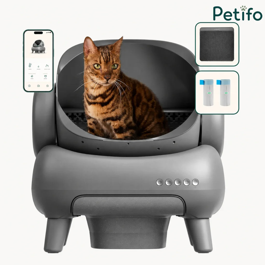 Neakasa automatic cat litter box with app integration shown alongside included litter mat and replacement waste bags.