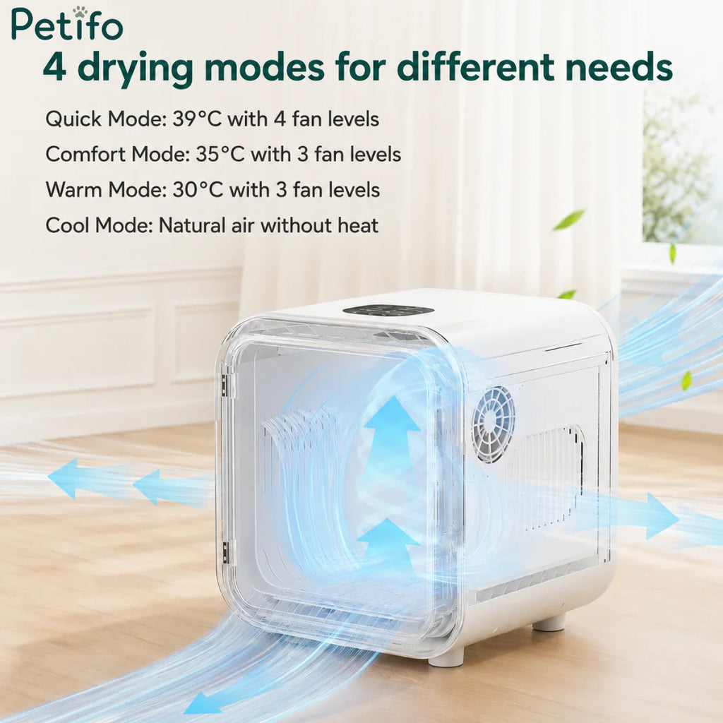 Automatic pet dryer featuring four customizable temperature and airflow drying modes.