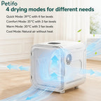 Automatic pet dryer featuring four customizable temperature and airflow drying modes.
