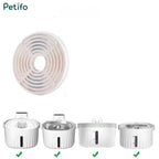 Replacement circular pet water filter displayed above four compatible white automatic water fountain models.