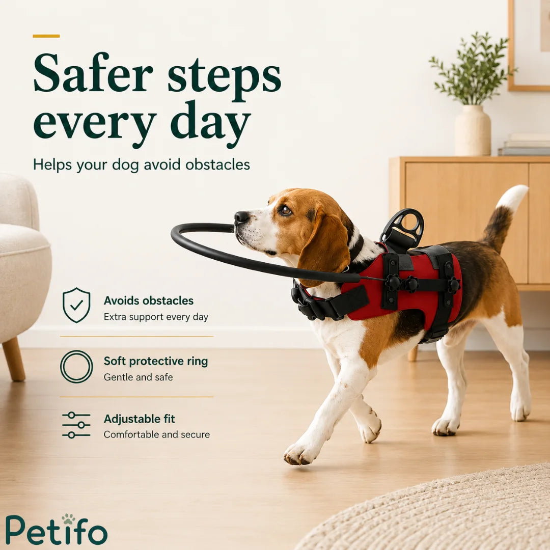 Beagle wearing a red blind dog harness with a halo bumper to help avoid obstacles and navigate safely.