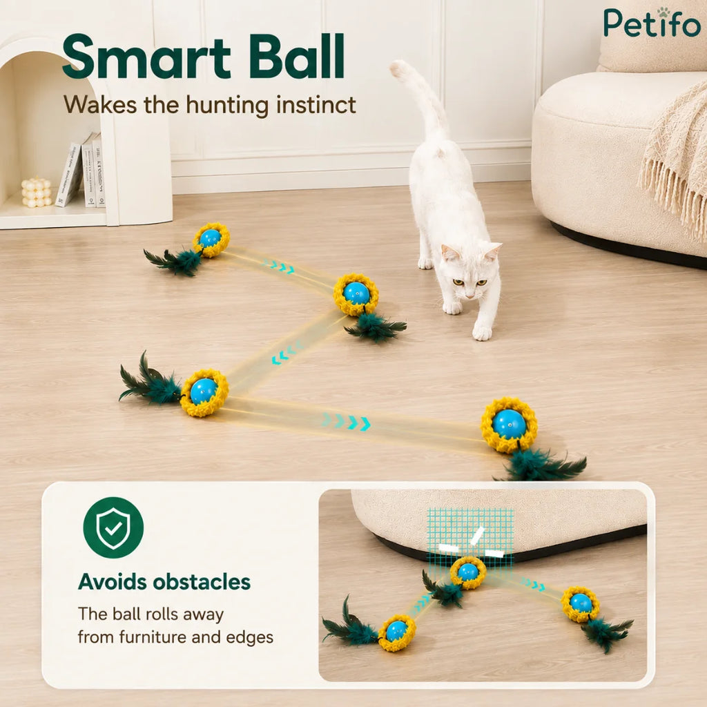 White cat watching a smart moving ball navigate across a room while successfully avoiding obstacles and furniture edges.