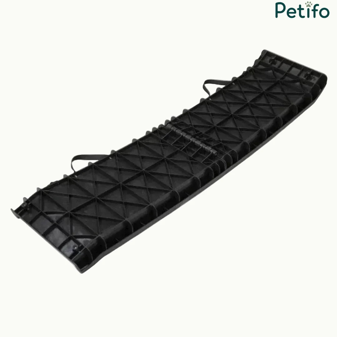 Foldable pet car ramp Back sideshowing the secure locking mechanism and durable construction.