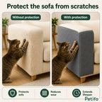 Before-and-after comparison showing a cat scratching an unprotected sofa versus a sofa protected by a Petifo anti-scratch mat, emphasizing furniture protection, reduced wear, and extended lifespan.
