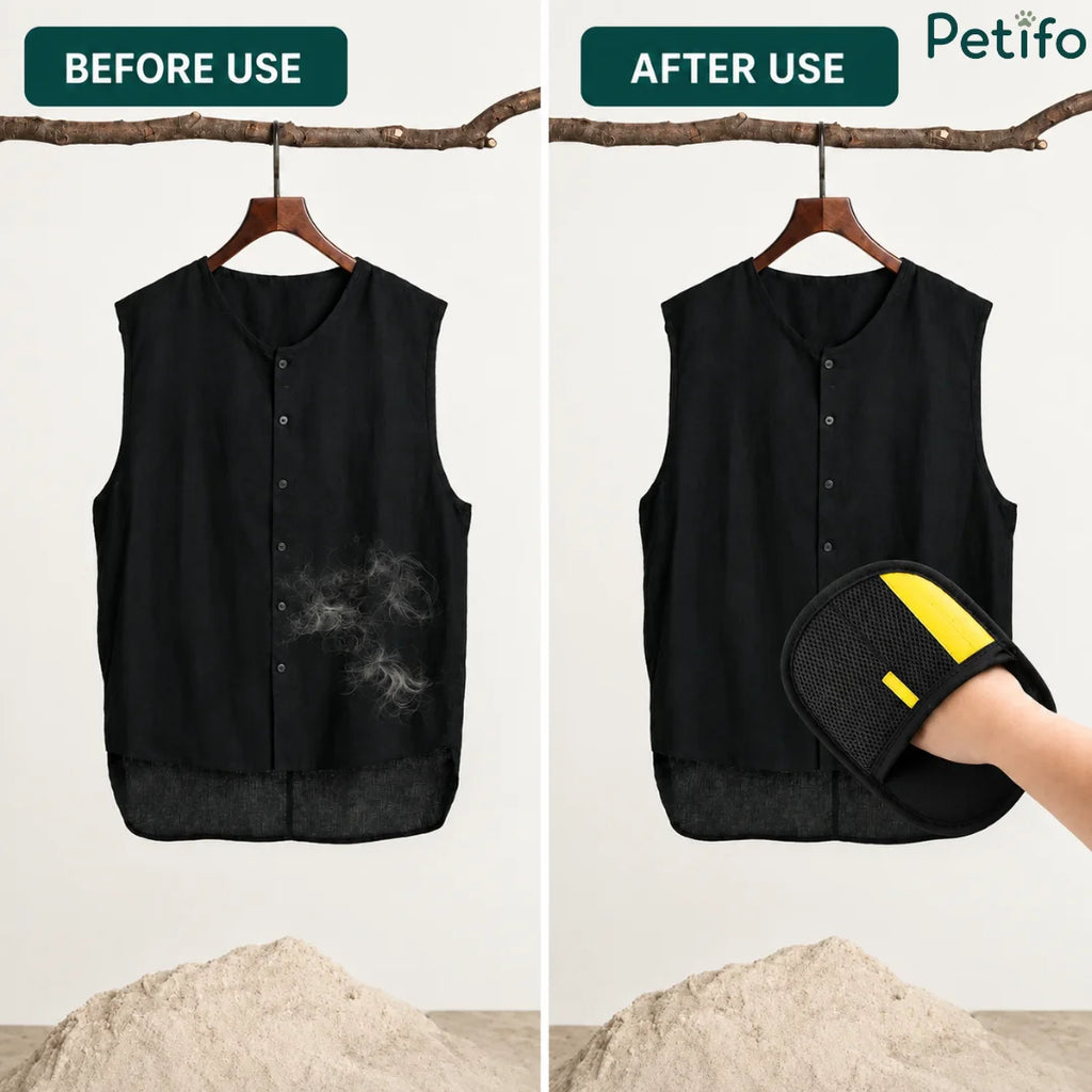 Before-and-after use illustration showing a black sleeveless shirt covered in pet hair before cleaning and completely hair-free after being wiped with the Petifo glove.