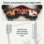 Before and after comparison of dog teeth cleaning with a 2-in-1 automatic pet toothbrush and water flosser.