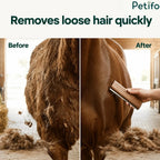 Before and after comparison showing a horse's coat significantly cleaned and detangled using a wooden shedding knife.
