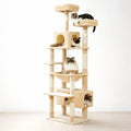 A 184 cm tall cat tree in beige, showing an arrangement of platforms, hideaways, and a central hammock.