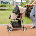 Beige Petifo pet stroller featuring a comfortable interior carriage with a cat sitting inside.