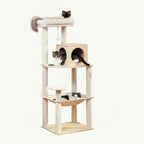This image shows a light-colored cat tree with a wooden-finish box, two platforms, and a base level featuring a lounging hammock.
