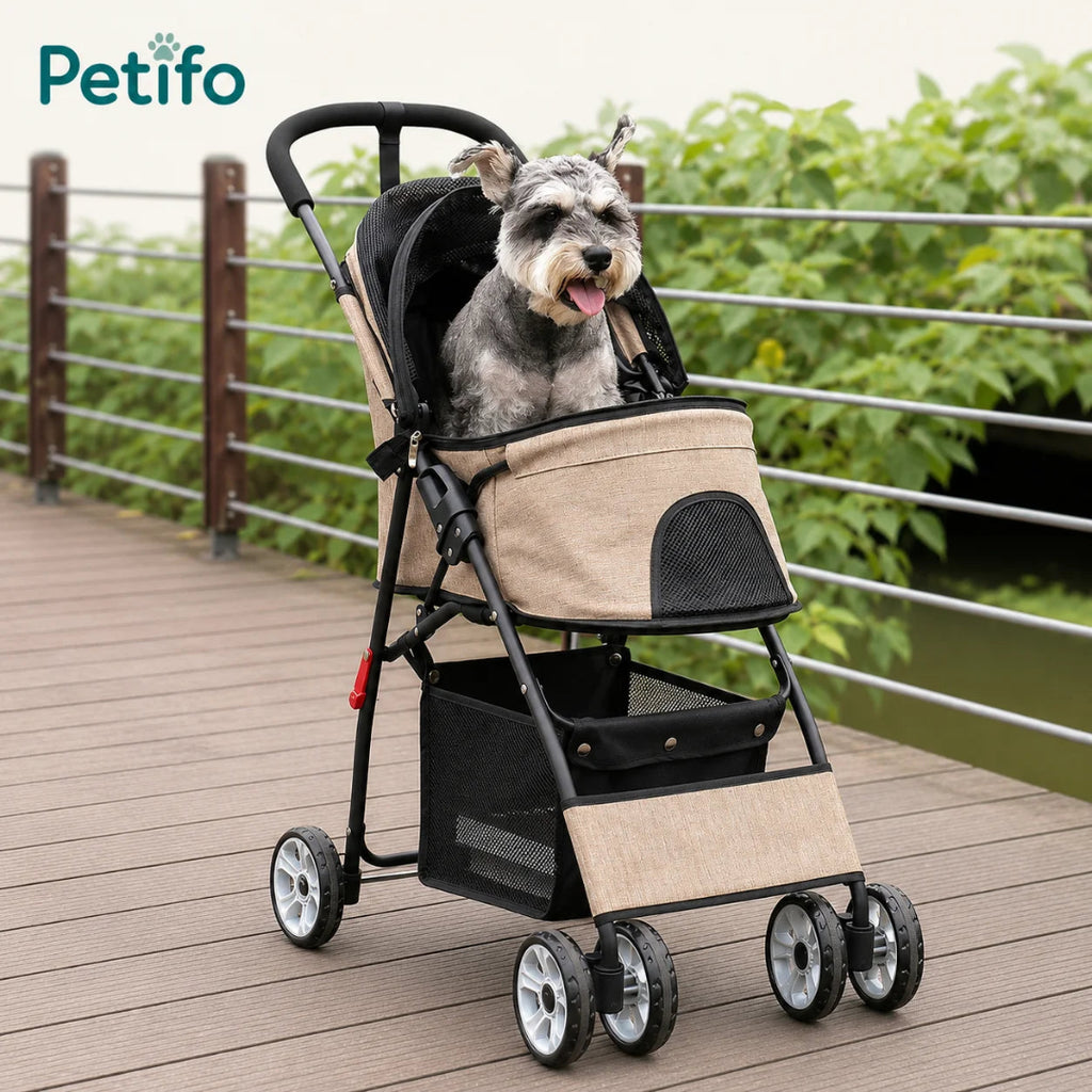 Beige Petifo Dog stroller featuring a comfortable interior carriage with a cat sitting inside.