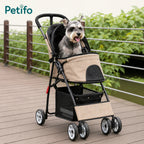 Beige Petifo Dog stroller featuring a comfortable interior carriage with a cat sitting inside.