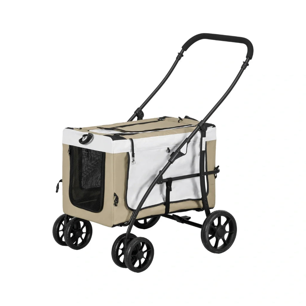 Petifo beige and white multi-pet stroller with a durable black folding frame viewed from an angle.