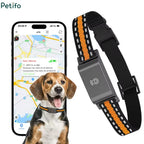 Promotional image featuring a smartphone tracking app displaying real-time mapping next to a beagle wearing a GPS collar and an isolated view of the black and orange reflective collar.