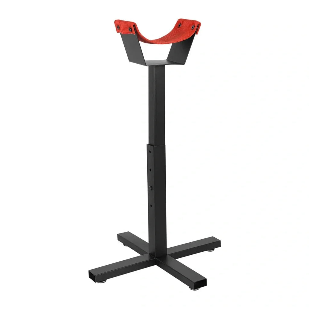 Adjustable black metal horse hoof stand with an orange strap cradle on a white background.