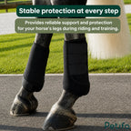 Horse wearing black protective leg boots standing on paved ground outdoors during training.
