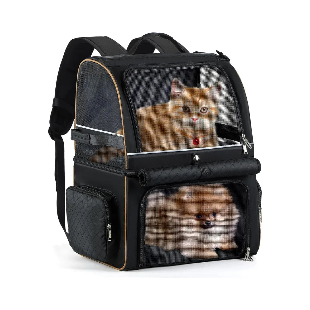 Black double-compartment pet backpack featuring a ginger cat in the upper mesh section and a small dog in the bottom compartment.