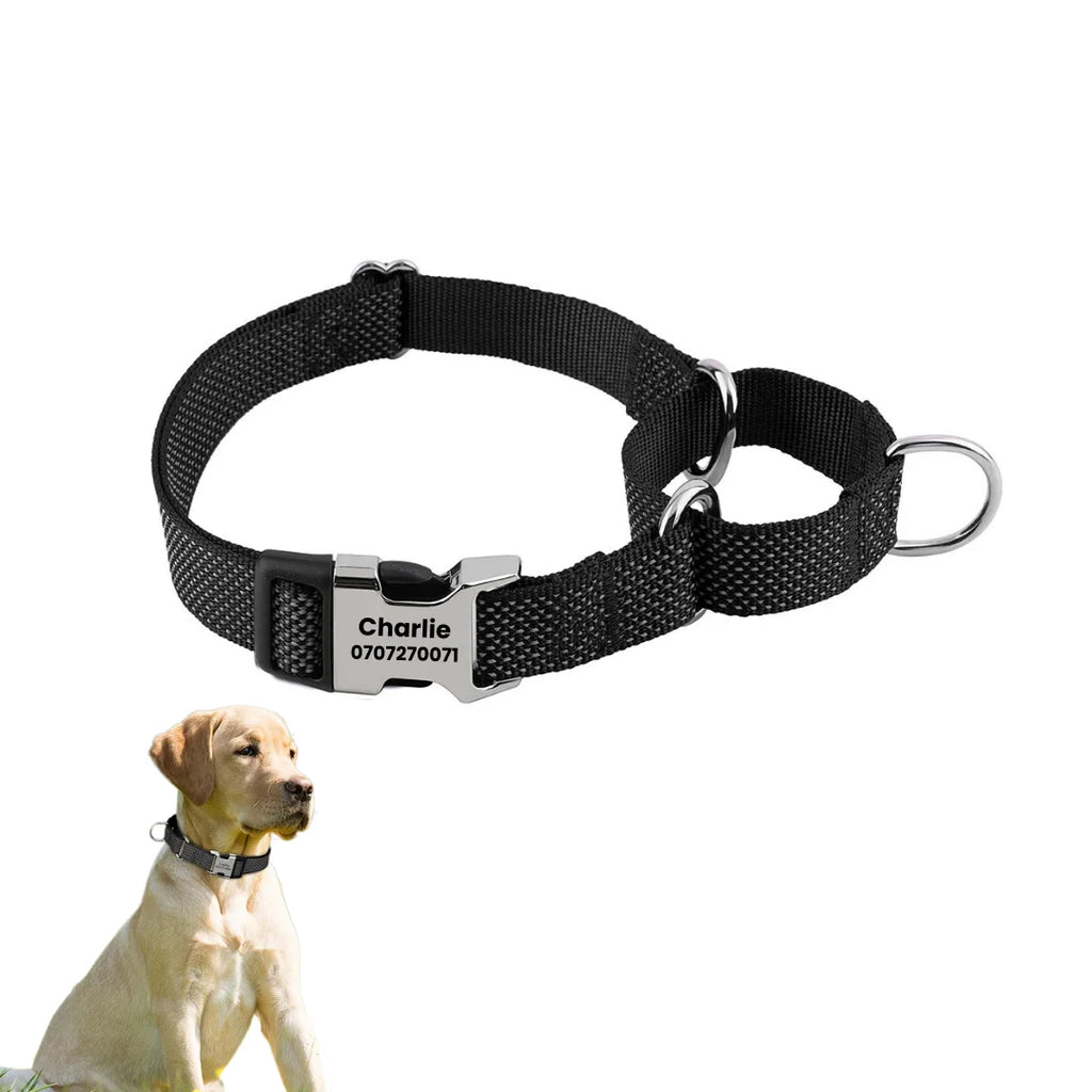 Black personalized dog collar with an engraved metal buckle alongside a yellow lab puppy.