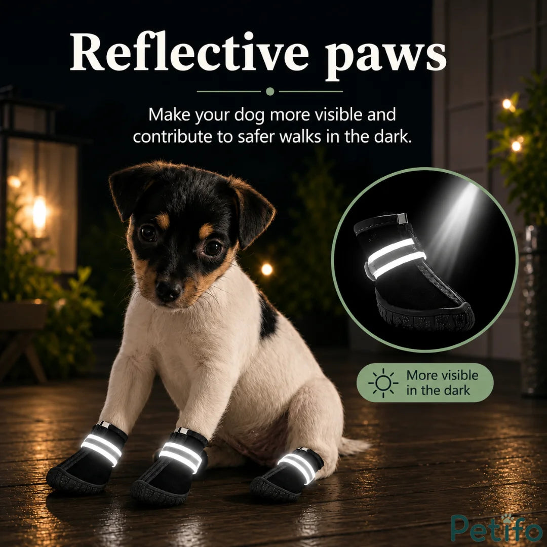 Cute puppy sitting on a wooden deck wearing black Petifo dog boots featuring high-visibility reflective straps for safe night walks.