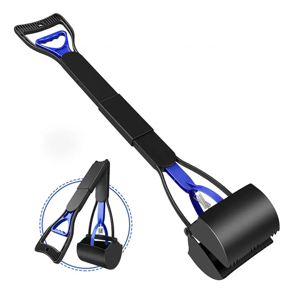 Full product view of the black and blue collapsible dog pooper scooper displayed in both extended and folded positions.
