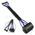 Full product view of the black and blue collapsible dog pooper scooper displayed in both extended and folded positions.