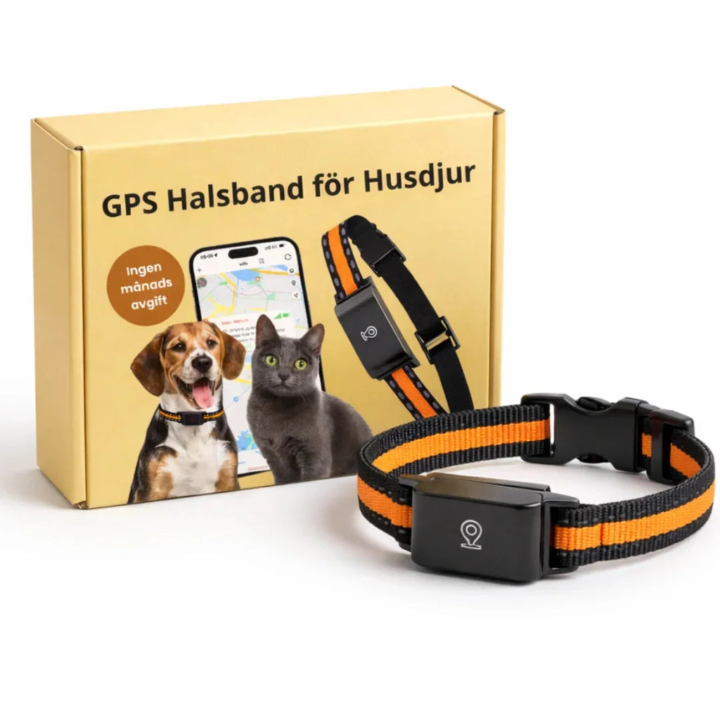 Black and orange GPS pet tracker collar next to its packaging box featuring a dog and cat image.