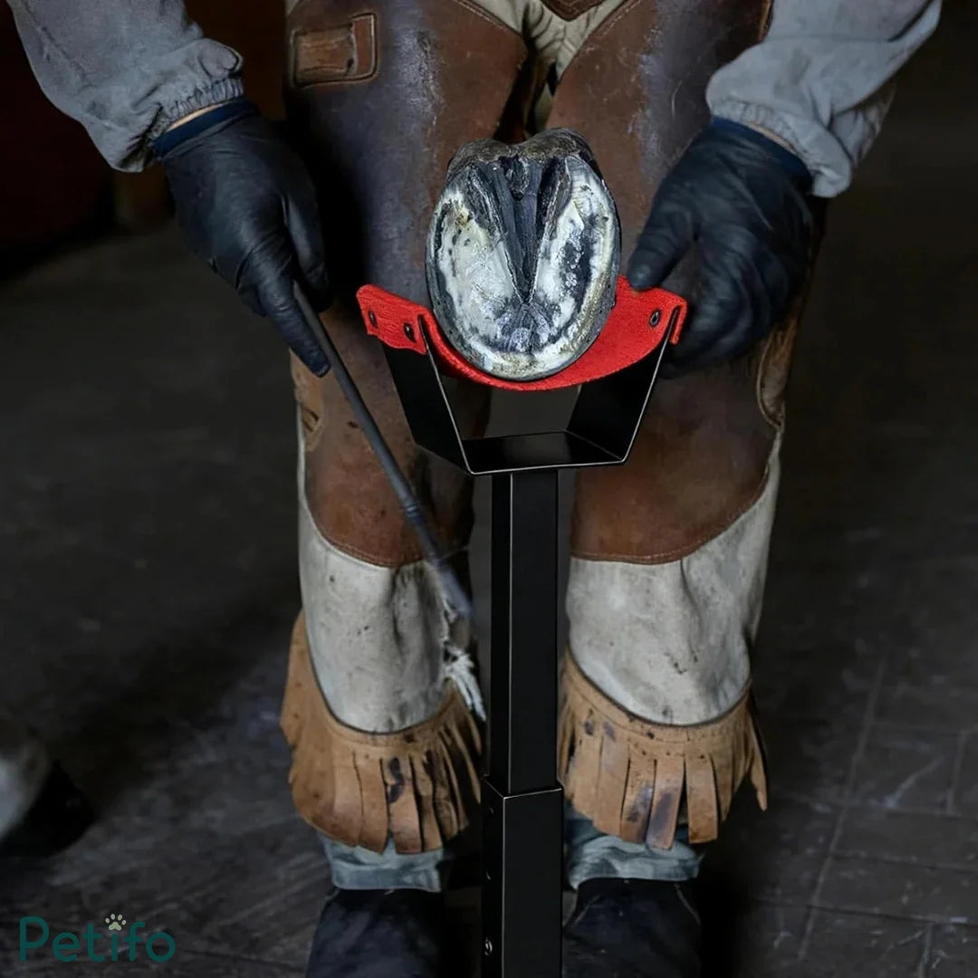 Farrier working on a horse's hoof resting on an adjustable black and orange hoof stand.