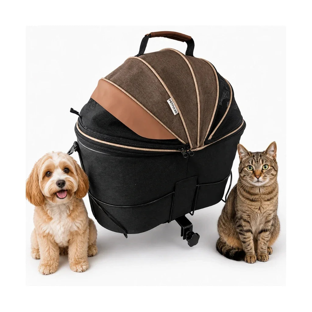 Studio product photo of the black and brown bicycle pet carrier displayed alongside a cute small dog and a tabby cat.