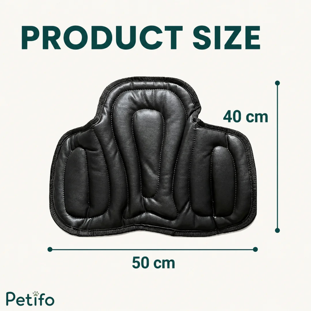 Black leather horse saddle cushion displaying dimensions of 50 cm width and 40 cm height against a neutral background.